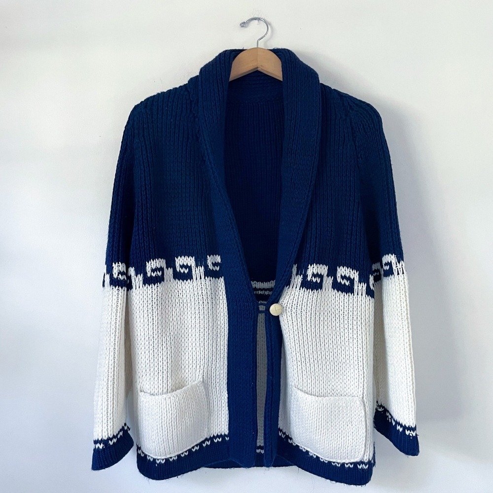 Fisherman Knit Chunky Shawl Collar Cardigan Sweater Sz M Preppy Coastal Vintage